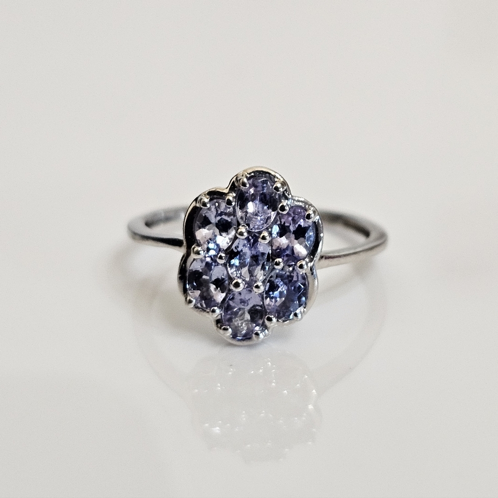 Dainty Natural Tanzanite Ring Sterling Silver Platinum Finish. Size 8!